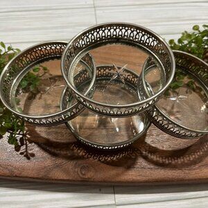 Vintage Manning Bowman & Co. Set of 4 Silver Plated Reticulated Crystal Coasters